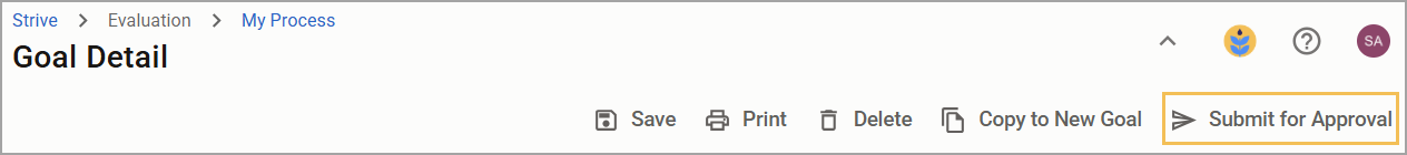 Goal detail section with options to save, print, delete, copy to new goal, and submit for approval.